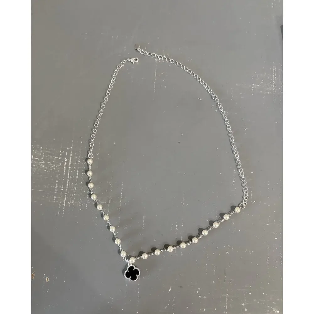 Black Clover Pendant Necklace Faux Pearl Chain Silver Tone Adjustable 17 Inches